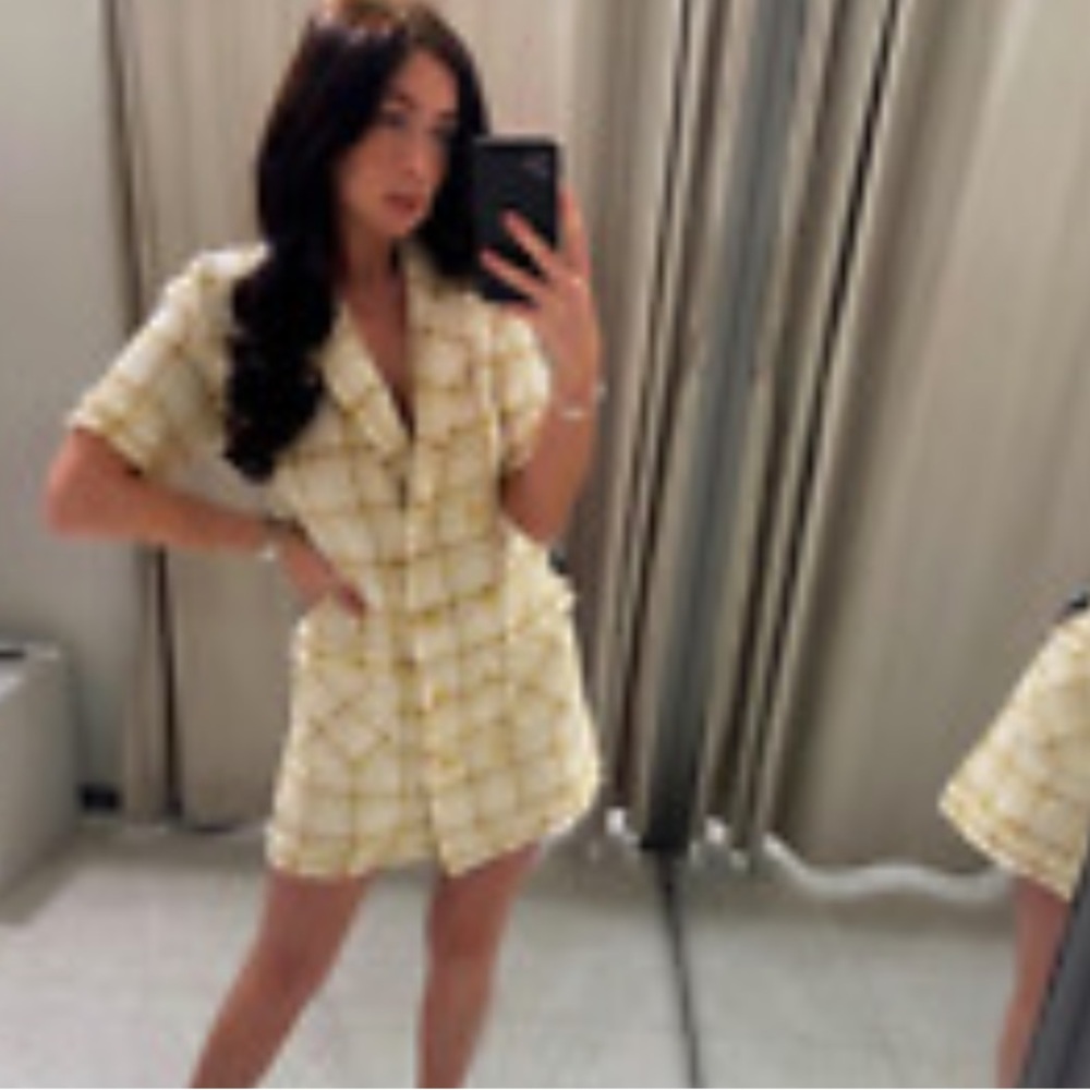 ♥️… Zara Yellow White Plaid Tweed Front Double-Breasted Mini Dress Women… - Picture 3 of 6